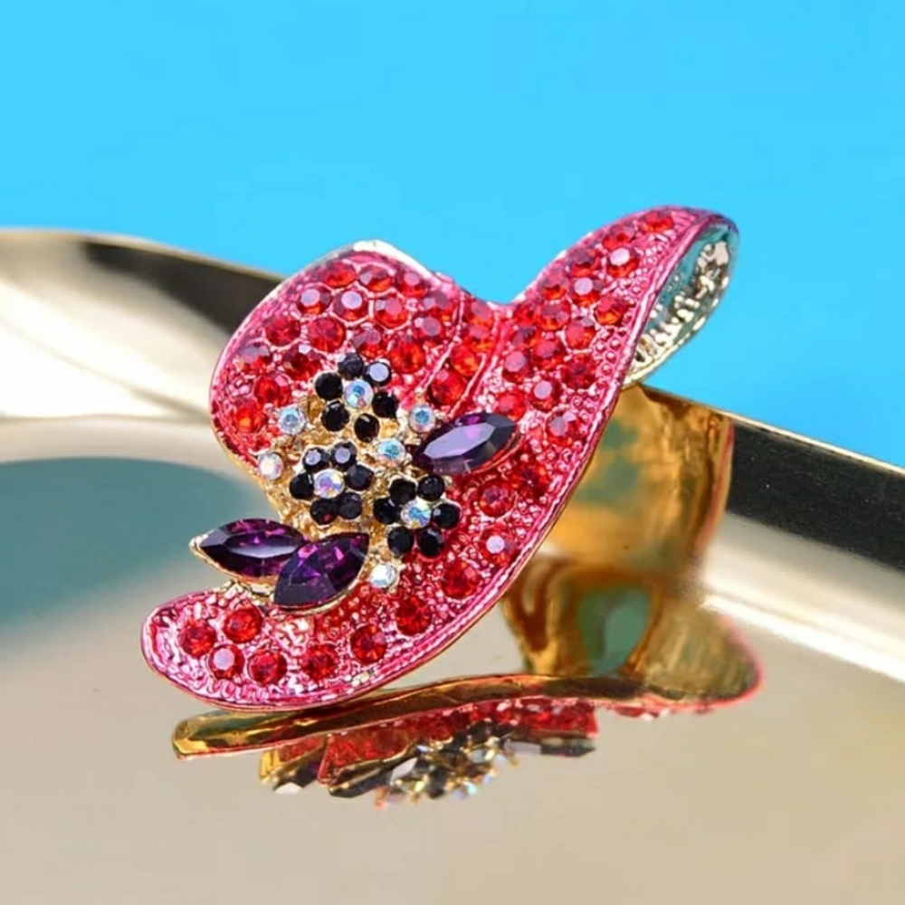 NWT Rhinestone Hat Brooches for Women Red Color